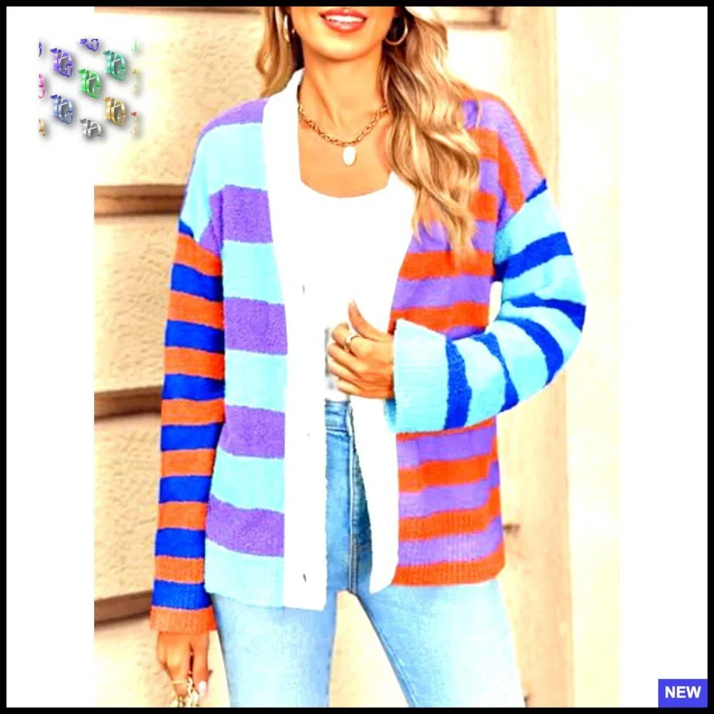 Striped V Neck Cardigan Oversized Fuzzy Knit Drop Shoulder Loose Fit
